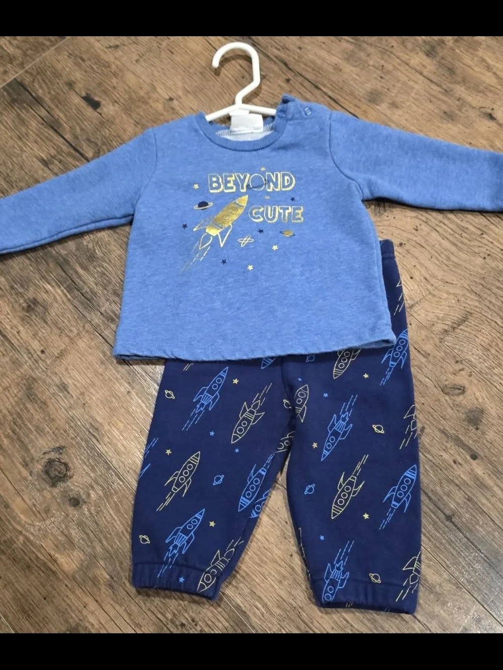 Blue Rocket Print Kids Sweatsuit - Cozy Two-Piece Outfit Sz 3/6 Months